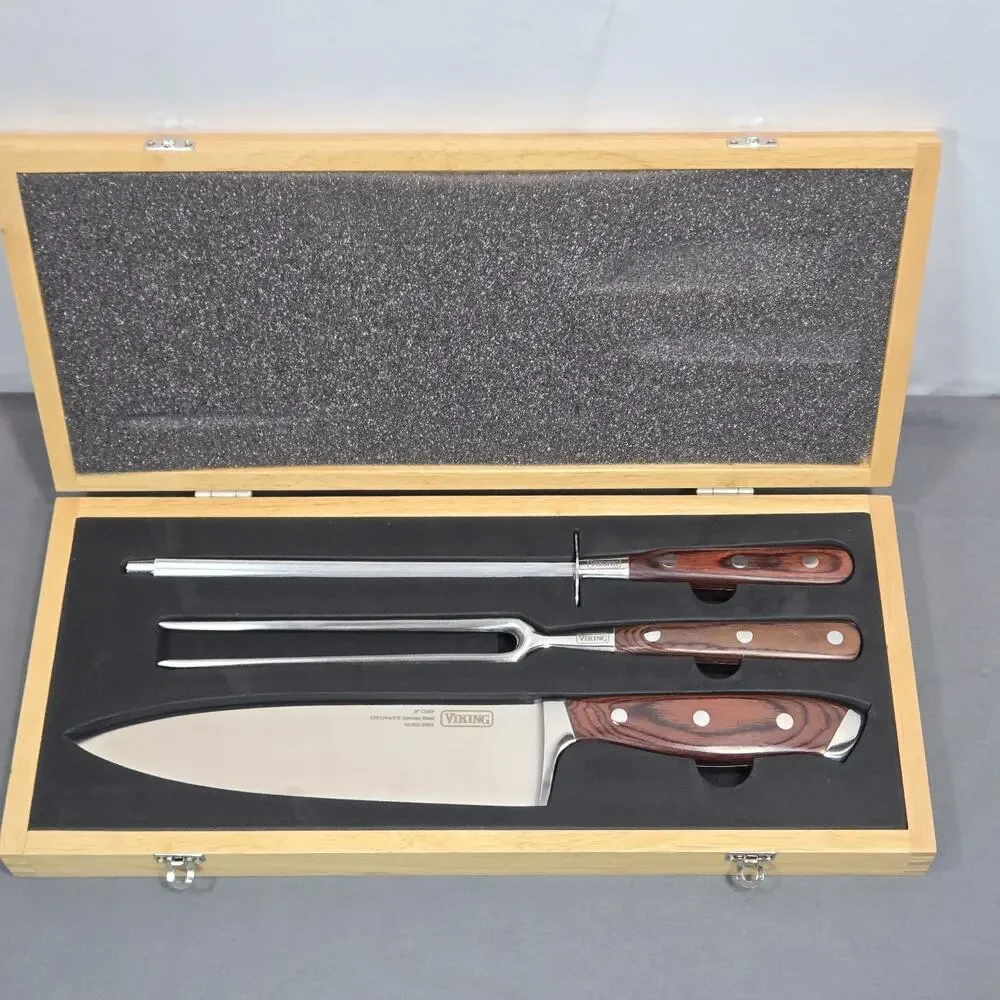 Viking 3 Piece Carving Set German Steel With RubberWood Box New